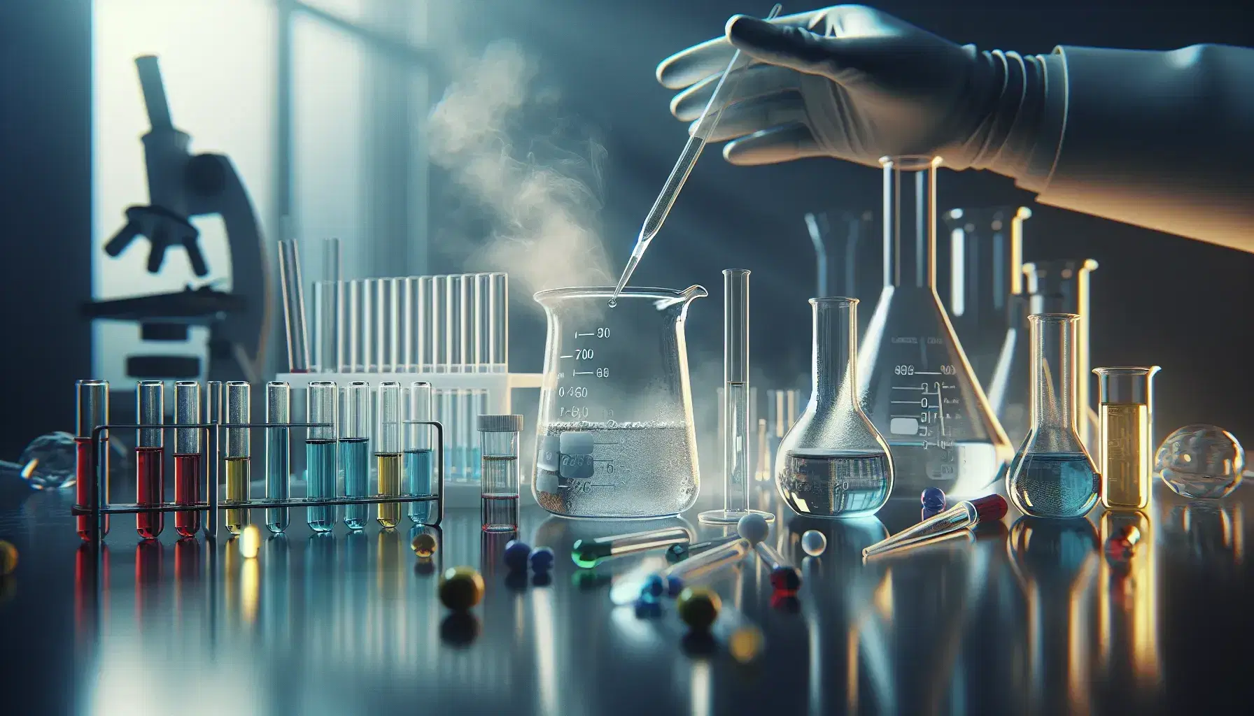 Banco laboratorio scientifico con becher, pipetta, provette colorate e braccio con guanti in azione di miscelazione.