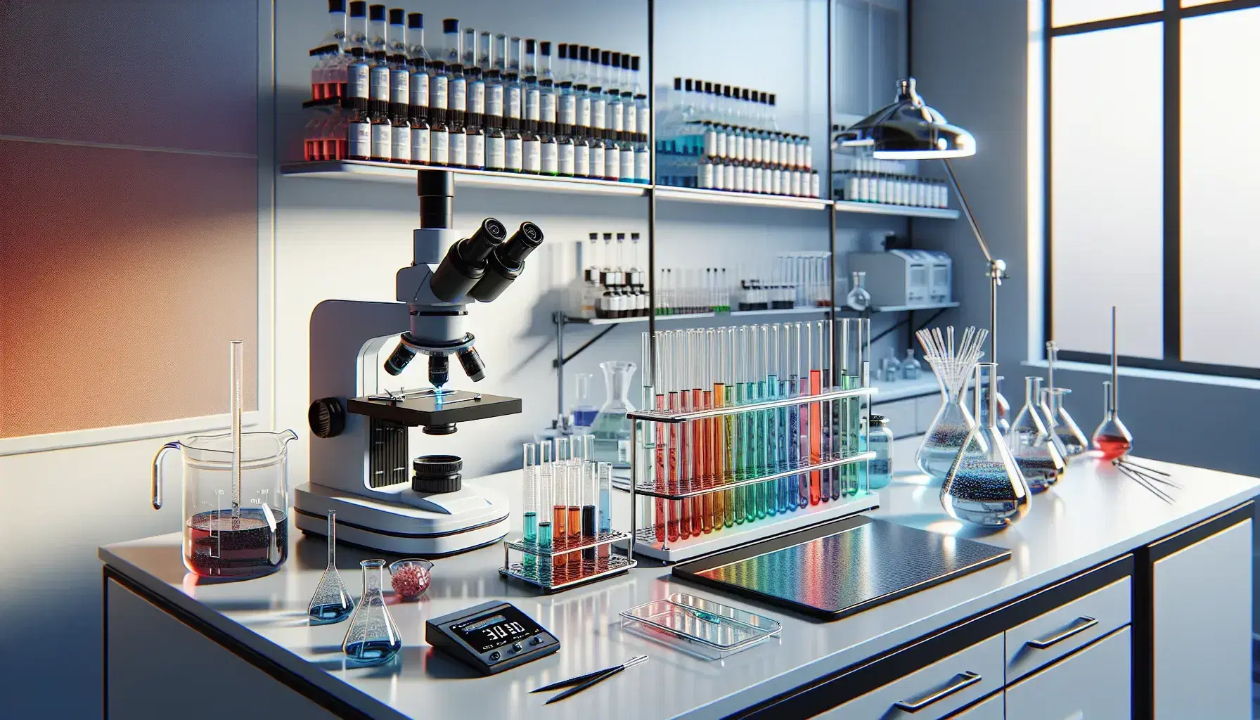 Laboratorio scientifico moderno con tavolo di lavoro, provette colorate, microscopio, bilancia digitale e mano con pipetta.