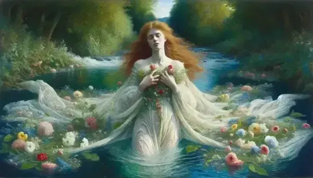 Ophelia from Shakespeare's 'Hamlet' depicted in a Pre-Raphaelite oil painting, serene in a white gown amidst a lush, flower-speckled river setting.