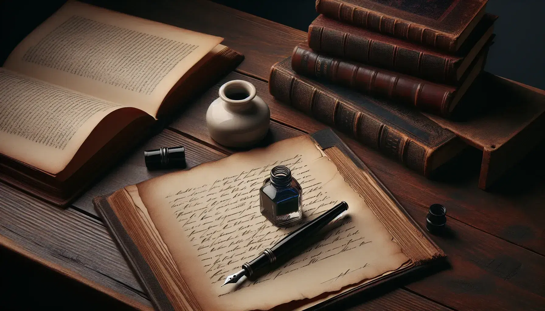 Scrivania in legno scuro con calamaio vintage, penna stilografica, carta avorio, libro antico aperto e boccetta d'inchiostro, sfondo librerie sfocate.