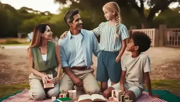 Familia diversa disfrutando de un día soleado en el parque, con pareja central sonriente, niños jugando en manta de picnic y adolescente sosteniendo planta.