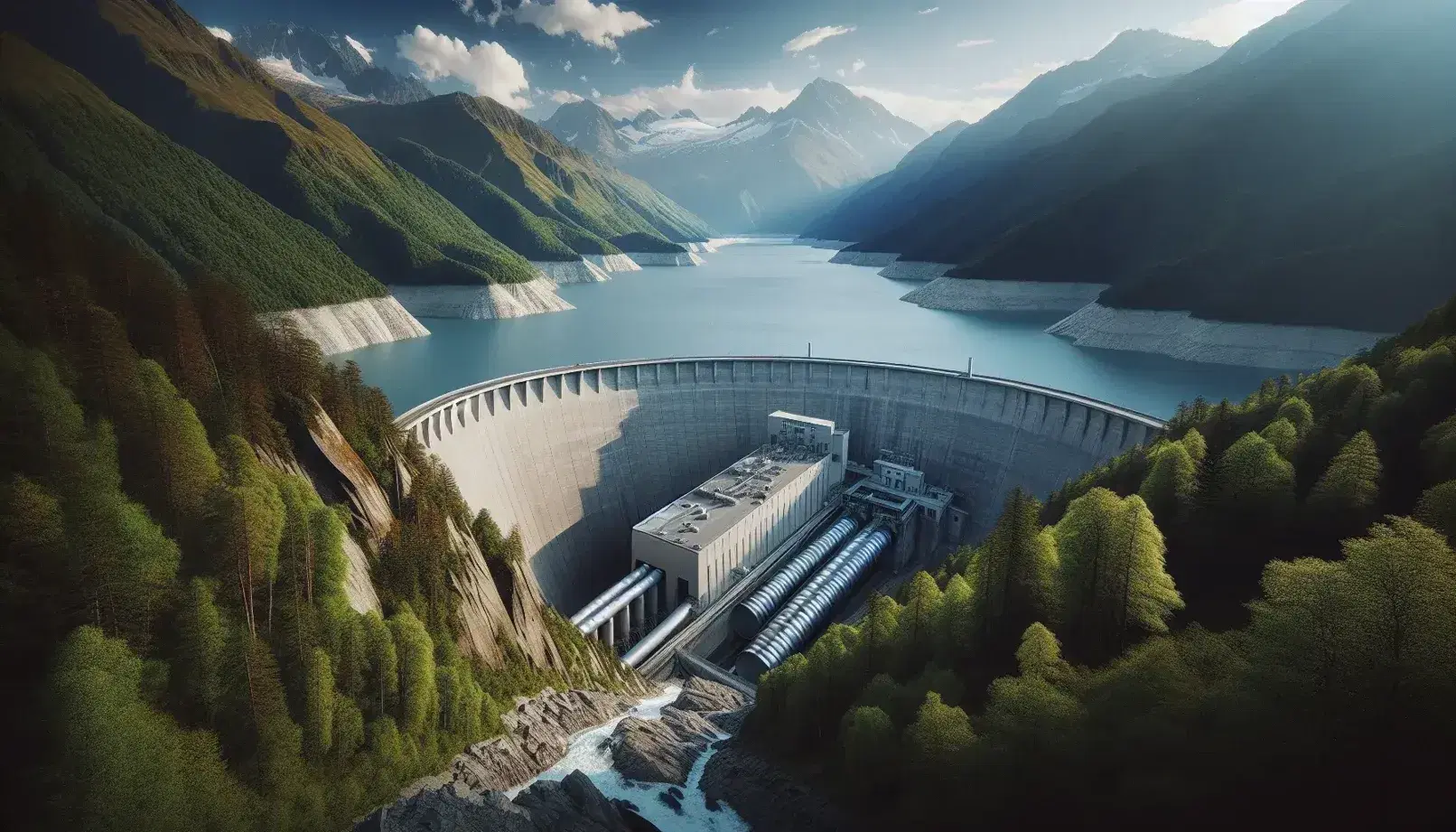 Centrale idroelettrica in montagna con diga curva, tubature per l'acqua e edificio rettangolare tra alberi e picchi innevati.