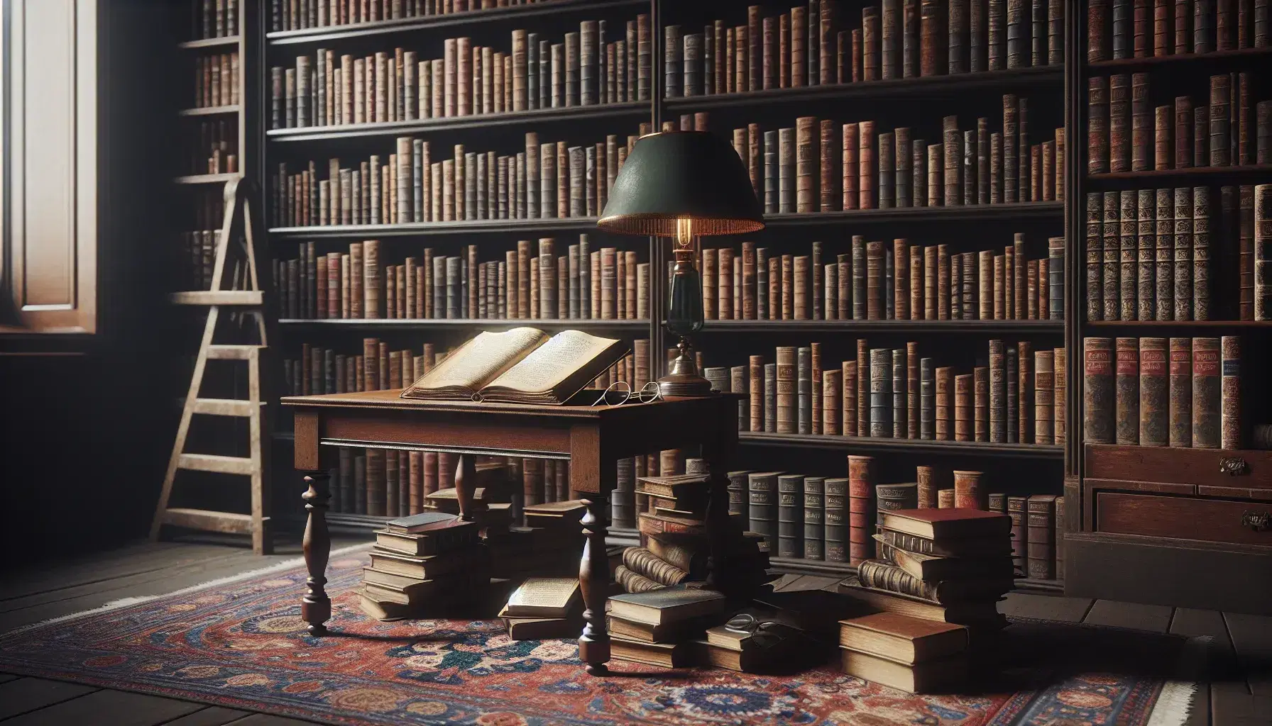 Biblioteca antigua con estantes de madera oscura llenos de libros, mesa con libro abierto, gafas y lámpara verde, y escalera junto a alfombra persa.