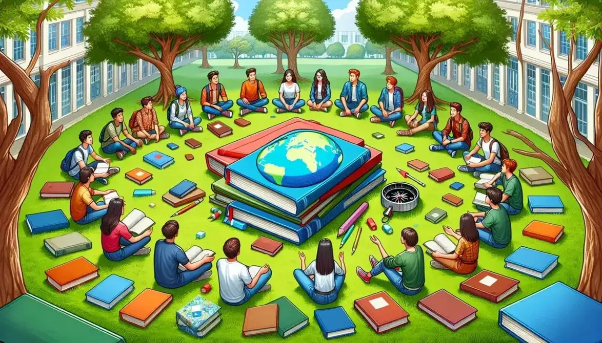 Estudiantes diversos sentados en círculo en un parque con libros, un compás y un globo terráqueo, discutiendo activamente con tablet y cuaderno en mano.