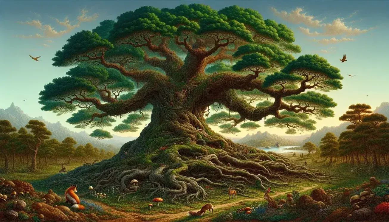 Majestic tree with thick trunk, deep roots, and expansive green canopy, surrounded by moss, mushrooms, a fox, hares, and grazing deer under a clear blue sky.