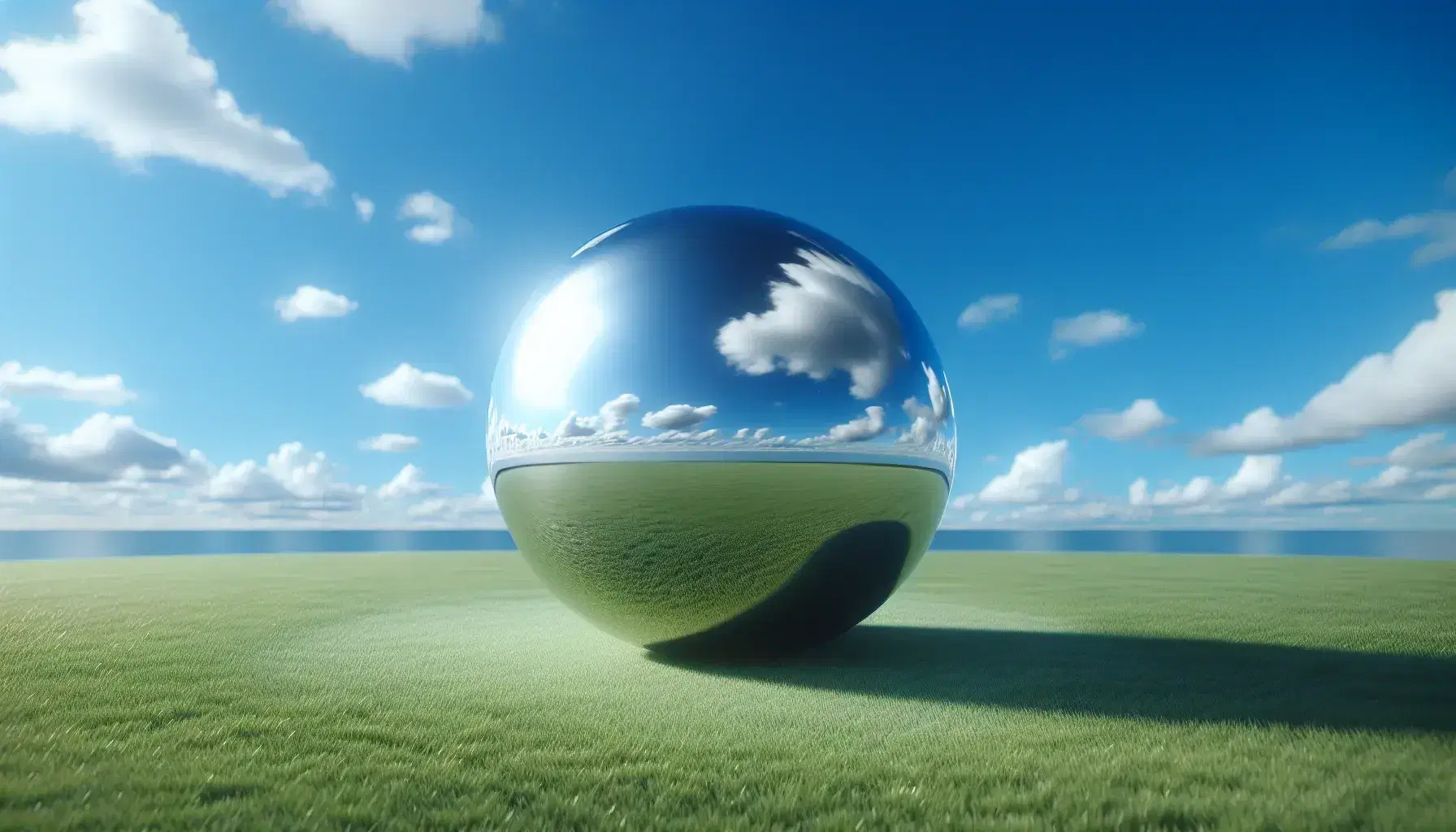 Large reflective silver sphere on green grass under blue sky, mirroring clouds and landscape, with sunlight casting a soft shadow to the right.