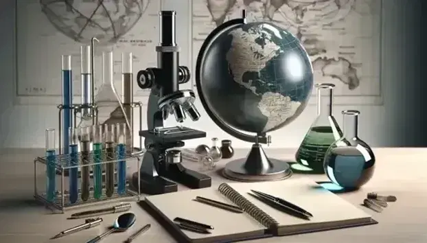 Mesa de madera clara con microscopio, cuaderno abierto, pluma, tubos de ensayo con líquidos de colores, cilindro graduado y matraz Erlenmeyer, junto a un globo terráqueo estilizado.