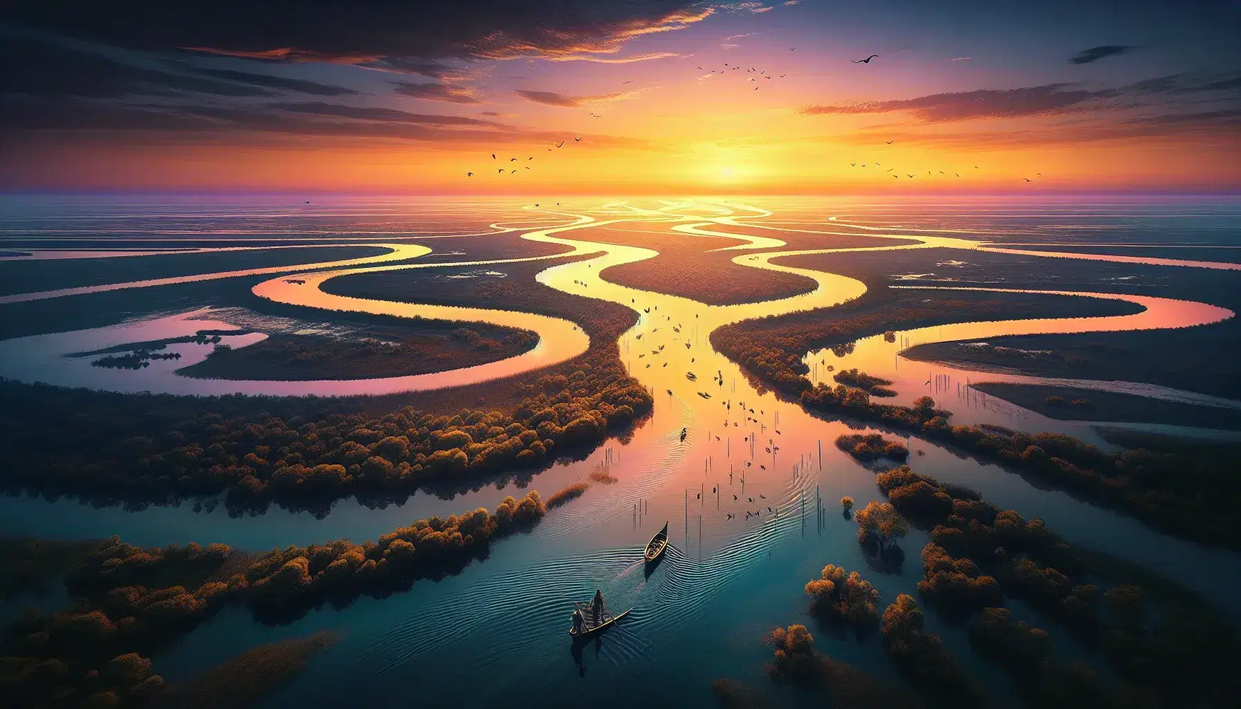 Tramonto sul delta del fiume Po con fiumiciattoli che si intrecciano, riflessi arancioni sulle acque, vegetazione lussureggiante e uccelli acquatici in lontananza.