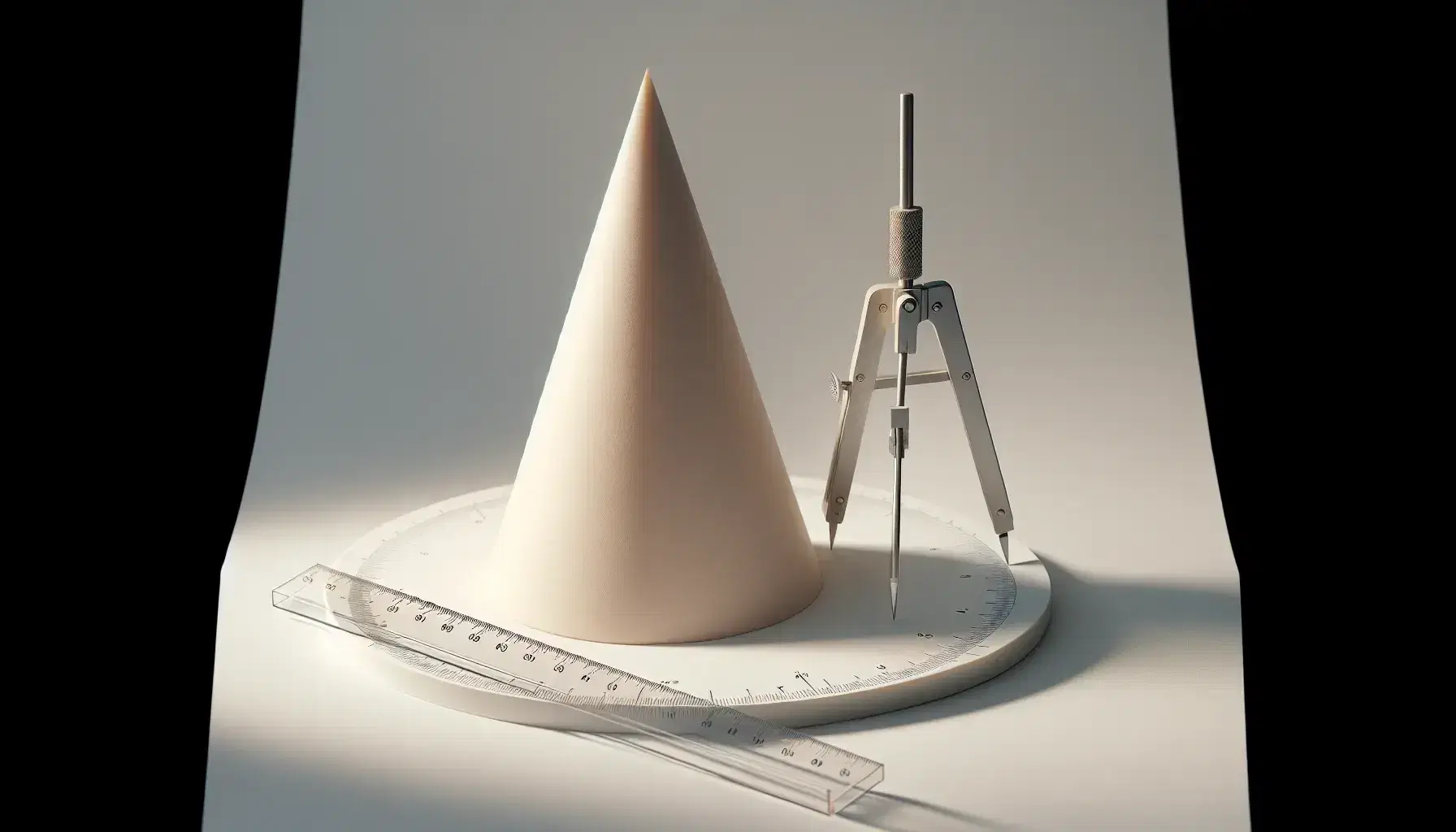 Three-dimensional beige cone with a transparent ruler leaning on its side and a compass positioned at the apex, all against a white background.