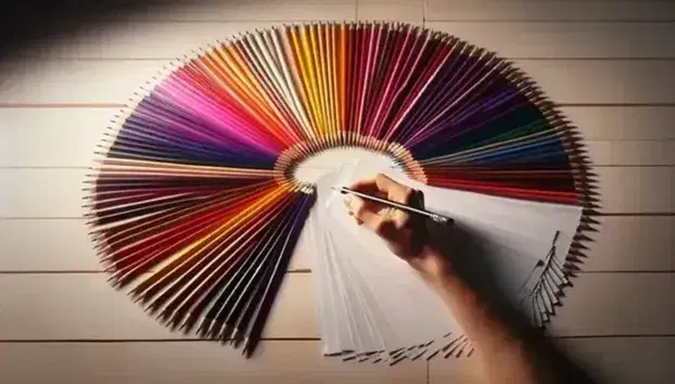 Lápices de colores en abanico sobre superficie de madera clara con papeles rasgados y mano sosteniendo lápiz de grafito.