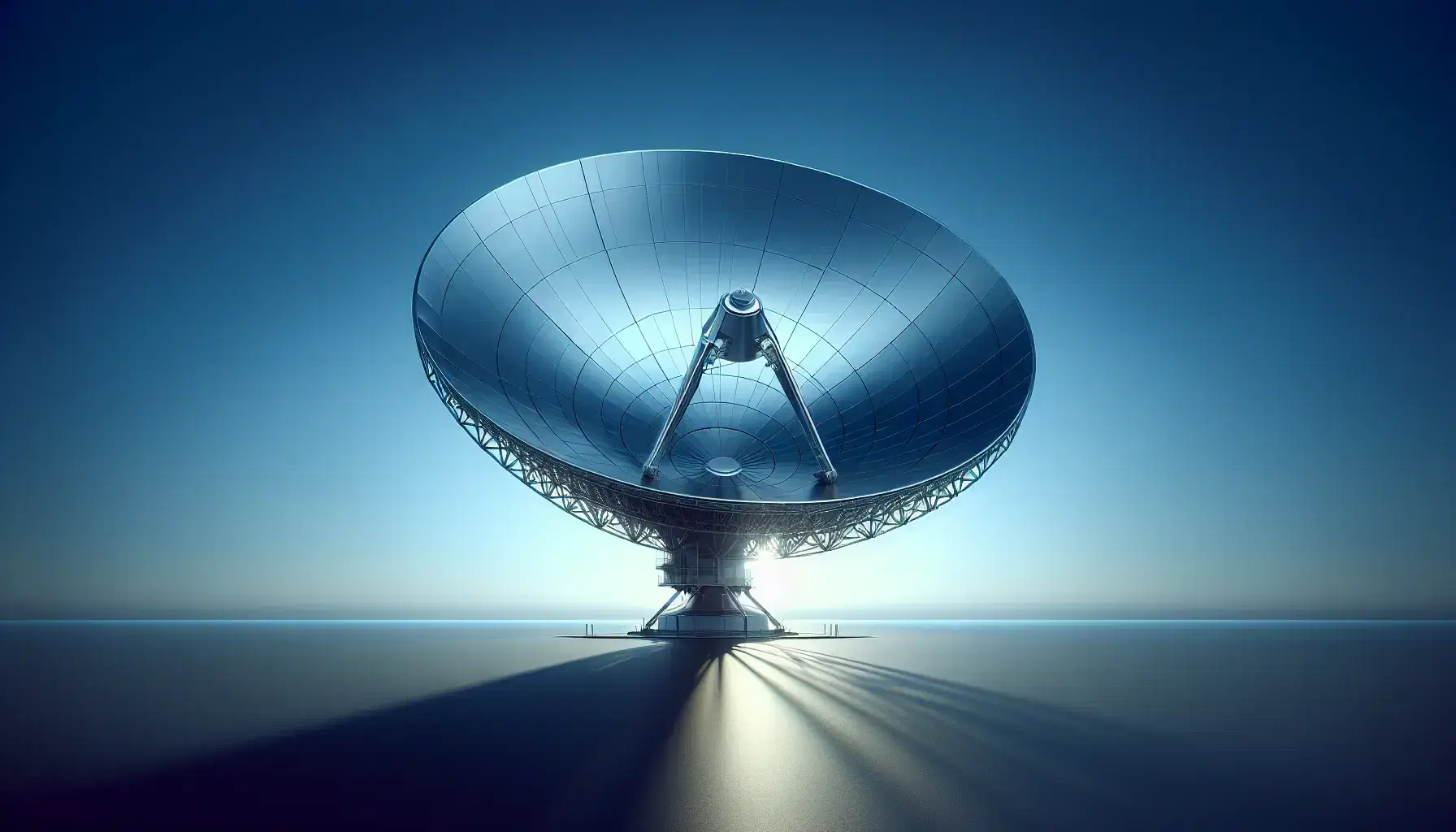 Sleek metallic parabolic satellite dish against a clear blue sky, with sunlight highlighting its reflective surface and supporting metal struts.