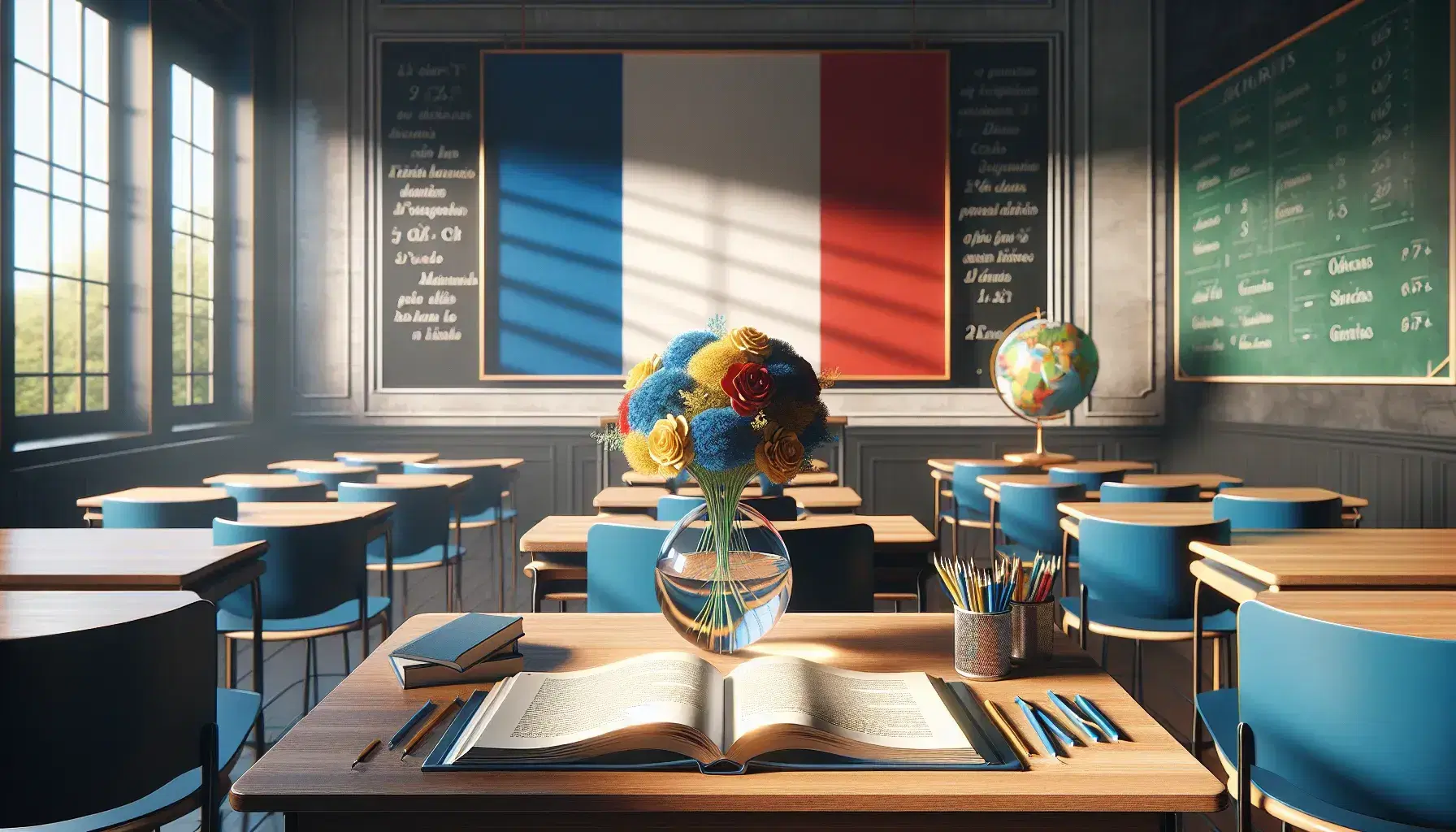 Serene French classroom with teacher's desk, open book, tricolor bouquet, organized student desks with blue chairs, and a globe on the side table.