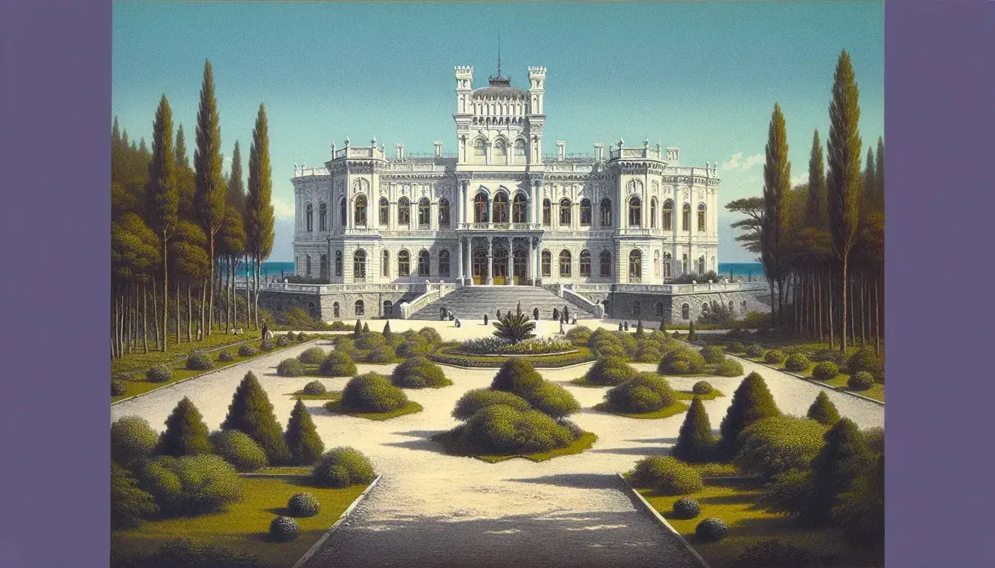 Livadia Palace in Yalta, Crimea, with its white ornate architecture and lush green gardens under a clear blue sky, symbolizing historical grandeur.