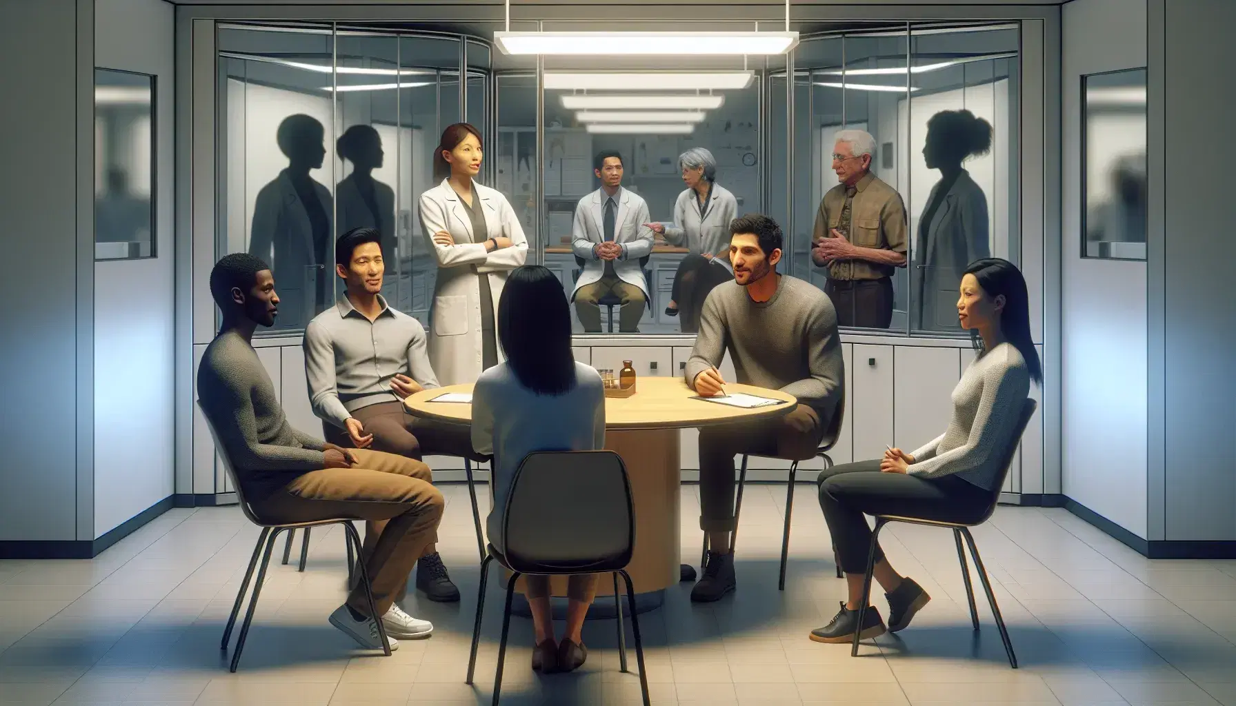 Diverse group engaged in discussion at a lab table with open hands, nodding, note-taking, and leaning in, observed through a two-way mirror by researchers.