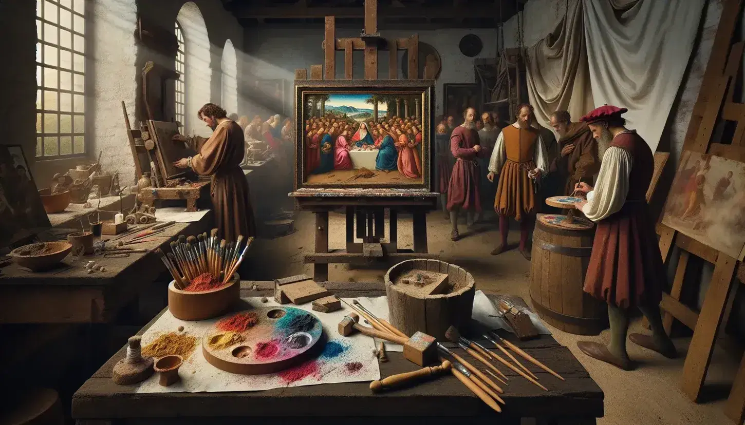 Bottega d'arte rinascimentale con artista che macina pigmenti, assistente che tende tela e dipinto incompiuto su cavalletto.