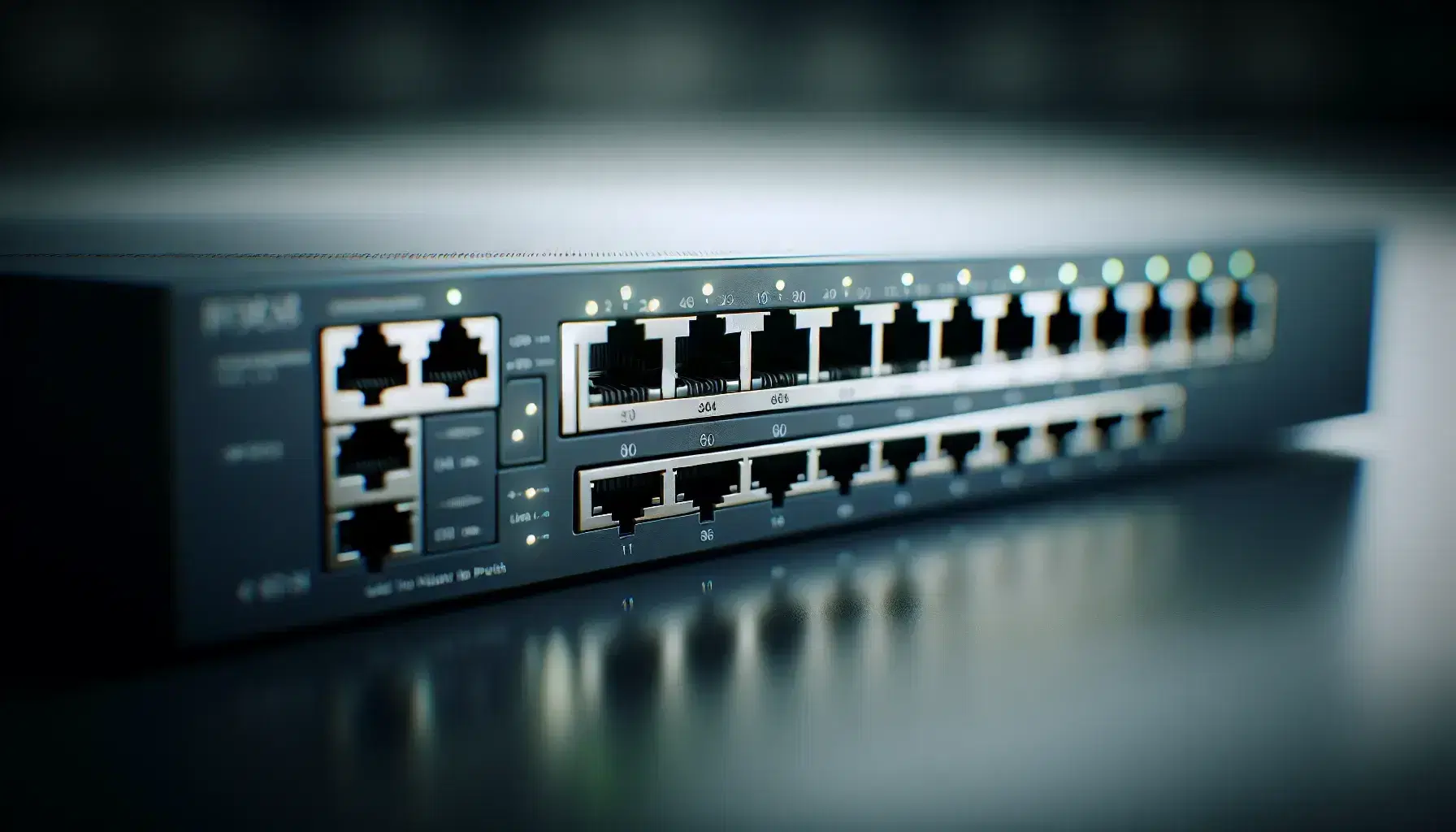 Close-up of a black network switch with rectangular ports and active green LED lights, in a defocused office environment.