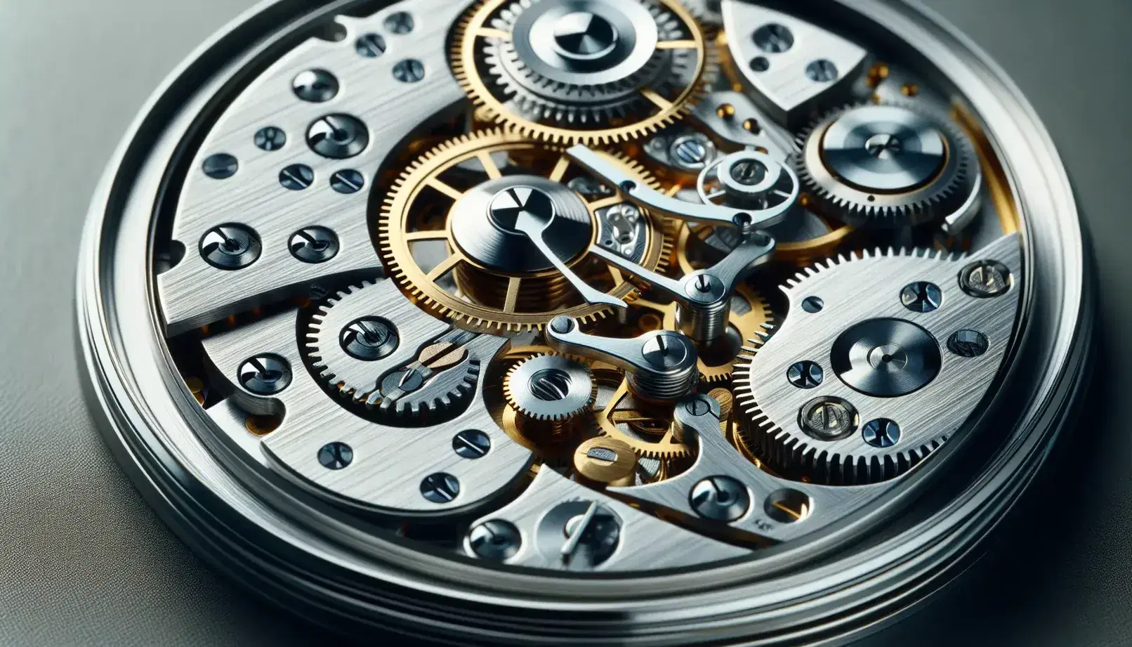 Close-up view of a polished mechanical watch movement with interlocking gears, a coiled mainspring, and an oscillating balance wheel.