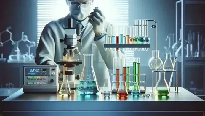 Laboratorio chimico moderno con becher di liquidi colorati, provette, tecnico che usa pipetta, microscopio e bilancia analitica.