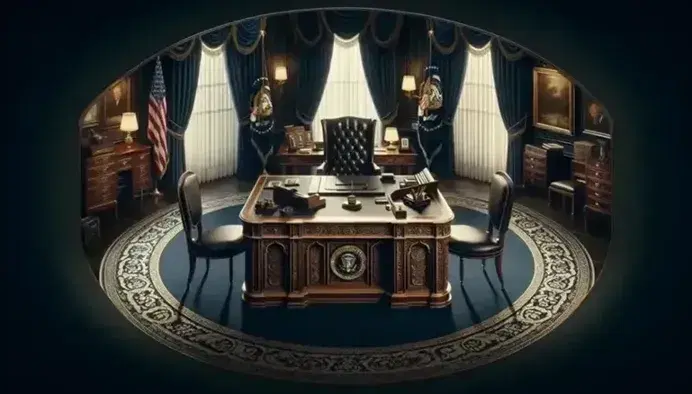 Elegant oval office with Resolute desk, leather chair, blue patterned carpet, two flags, and art-adorned walls, exuding a formal ambiance.