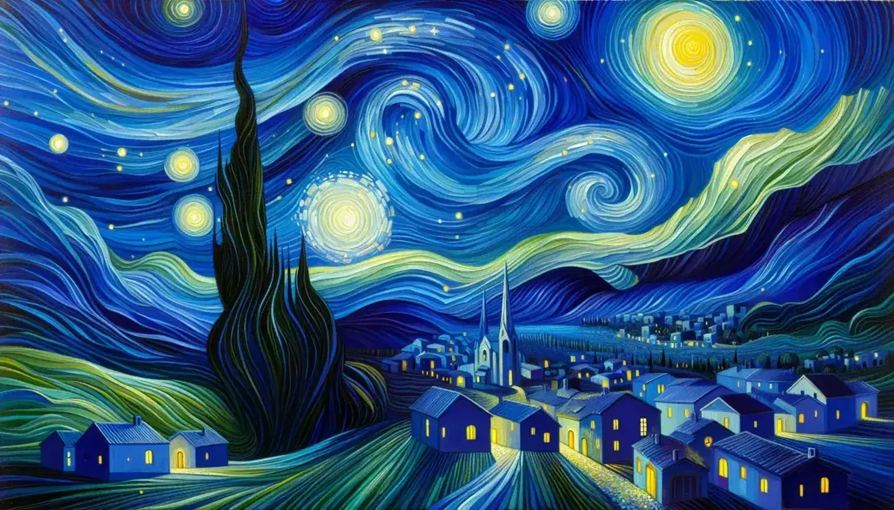 Cielo notturno turbolento con luna crescente e stelle, cipresso alto, colline ondulate e villaggio con chiesa.