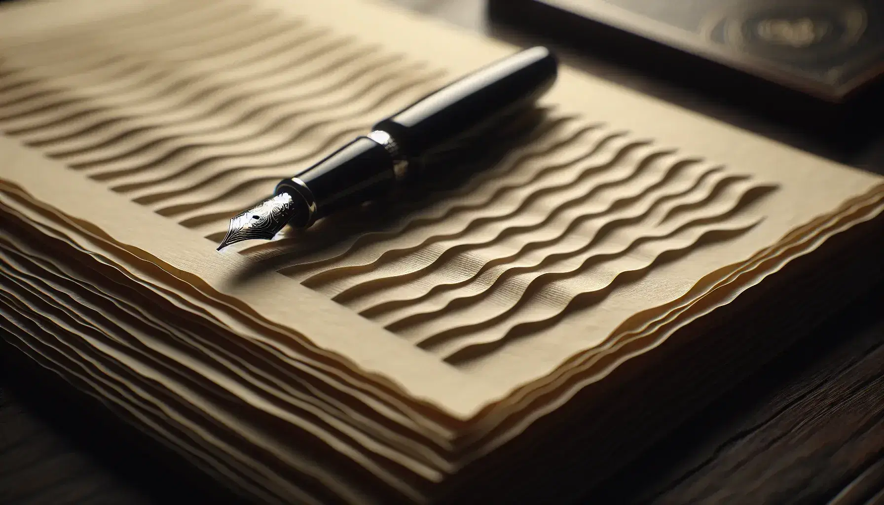 Fogli avorio con bordi ondulati su superficie in legno scuro accanto a penna stilografica nera e lucida, suggestione di scrittura vintage.