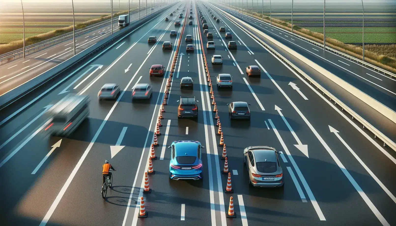 Autopista de múltiples carriles con conos de tráfico naranja, coches en movimiento y ciclista en el arcén, bajo un cielo despejado y paisaje verde.