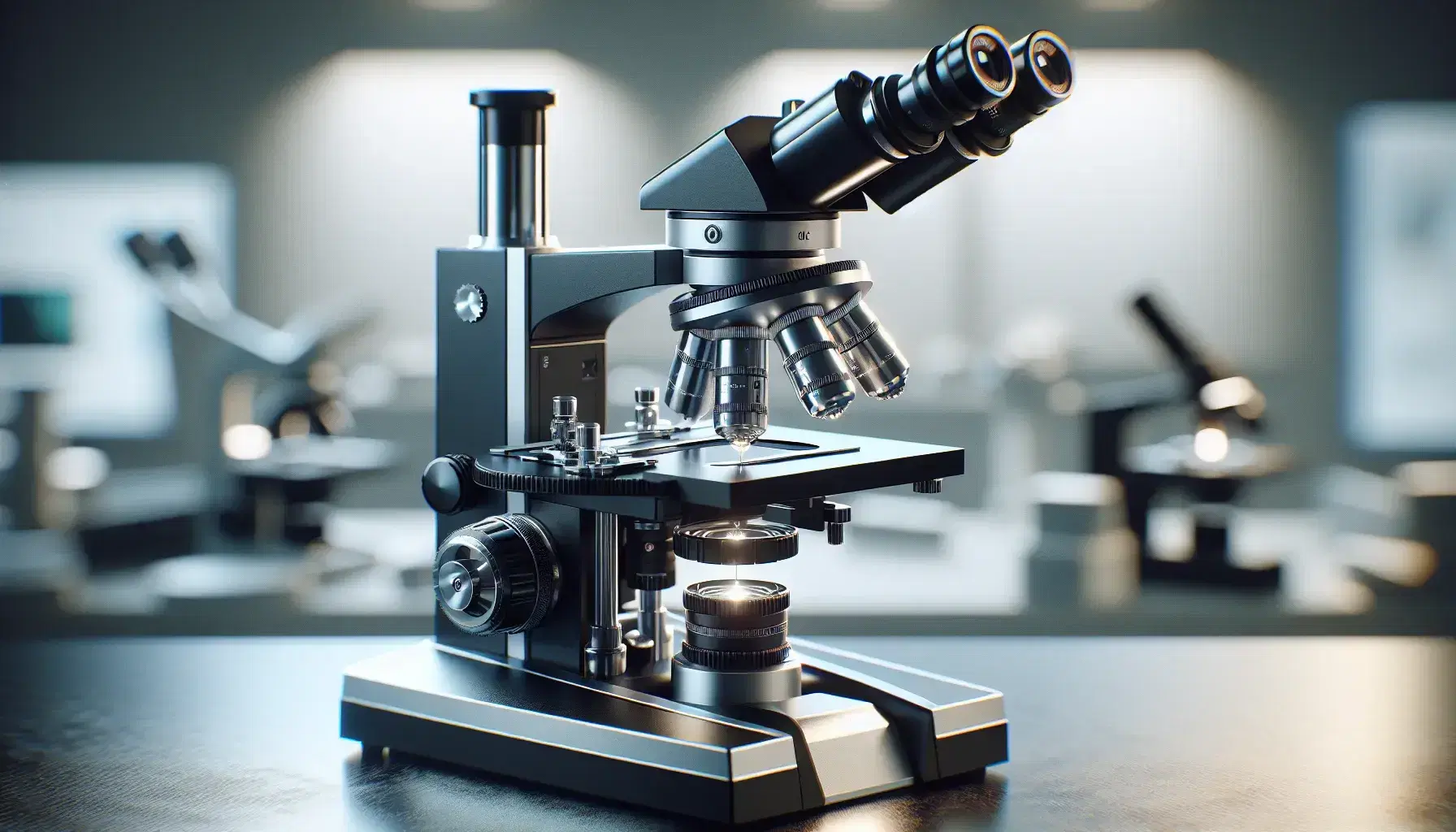 Microscopio óptico moderno enfocado en componentes metálicos y plásticos, con base estable, brazo, oculares, revolver con objetivos, escenario con pinzas y condensador iluminado.