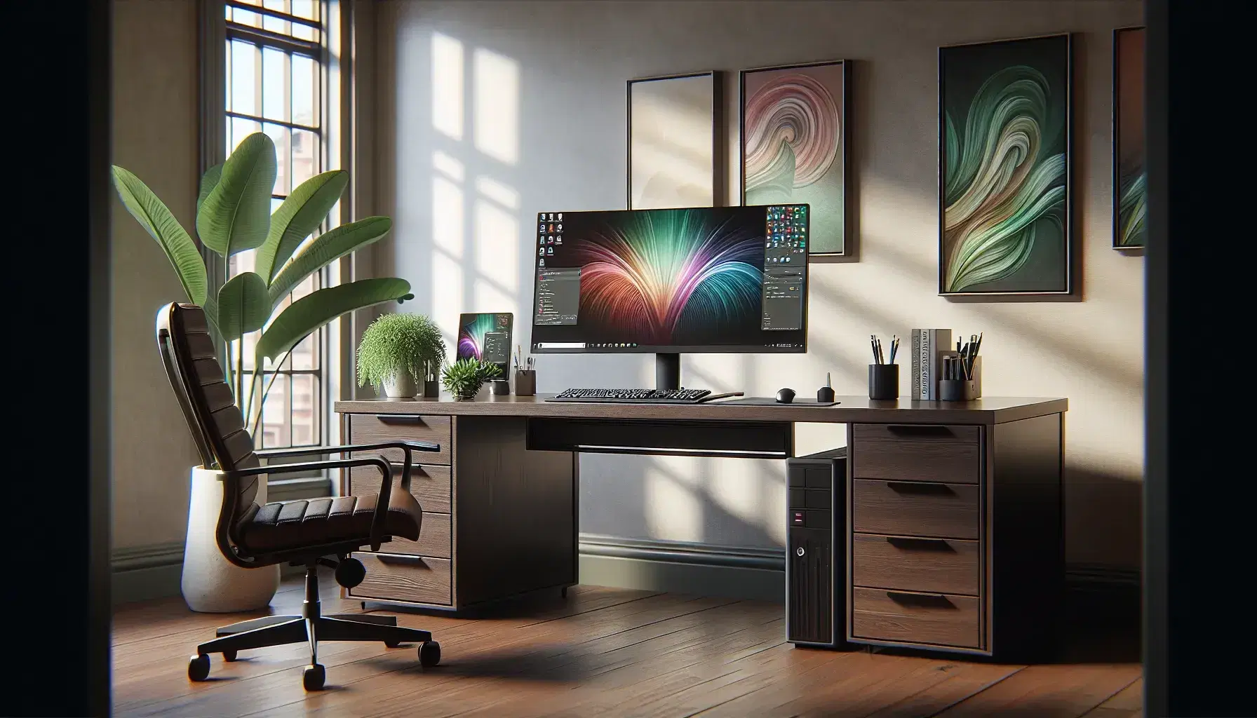 Tidy office with dark wooden desk, modern computer, green plant in white pot, black ergonomic chair and abstract paintings on the walls.
