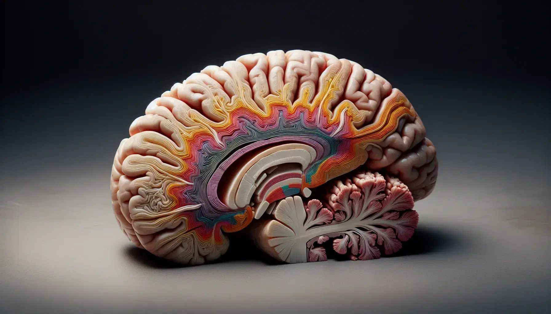 Sezione sagittale di cervello umano con formazione reticolare evidenziata in tonalità intensa, posata su superficie neutra e illuminata per dettagli anatomici.
