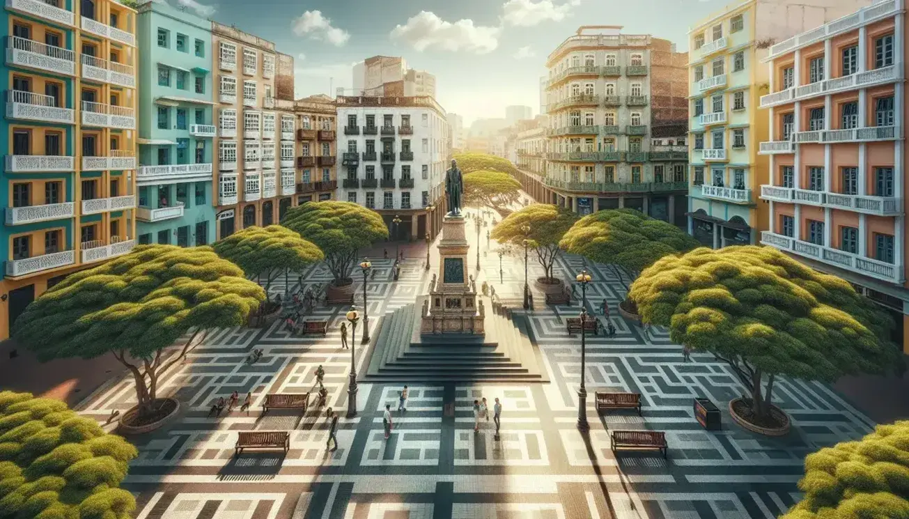 Vista aérea de plaza colombiana con monumento central, patrones geométricos en adoquines y edificios pastel aledaños bajo cielo despejado.