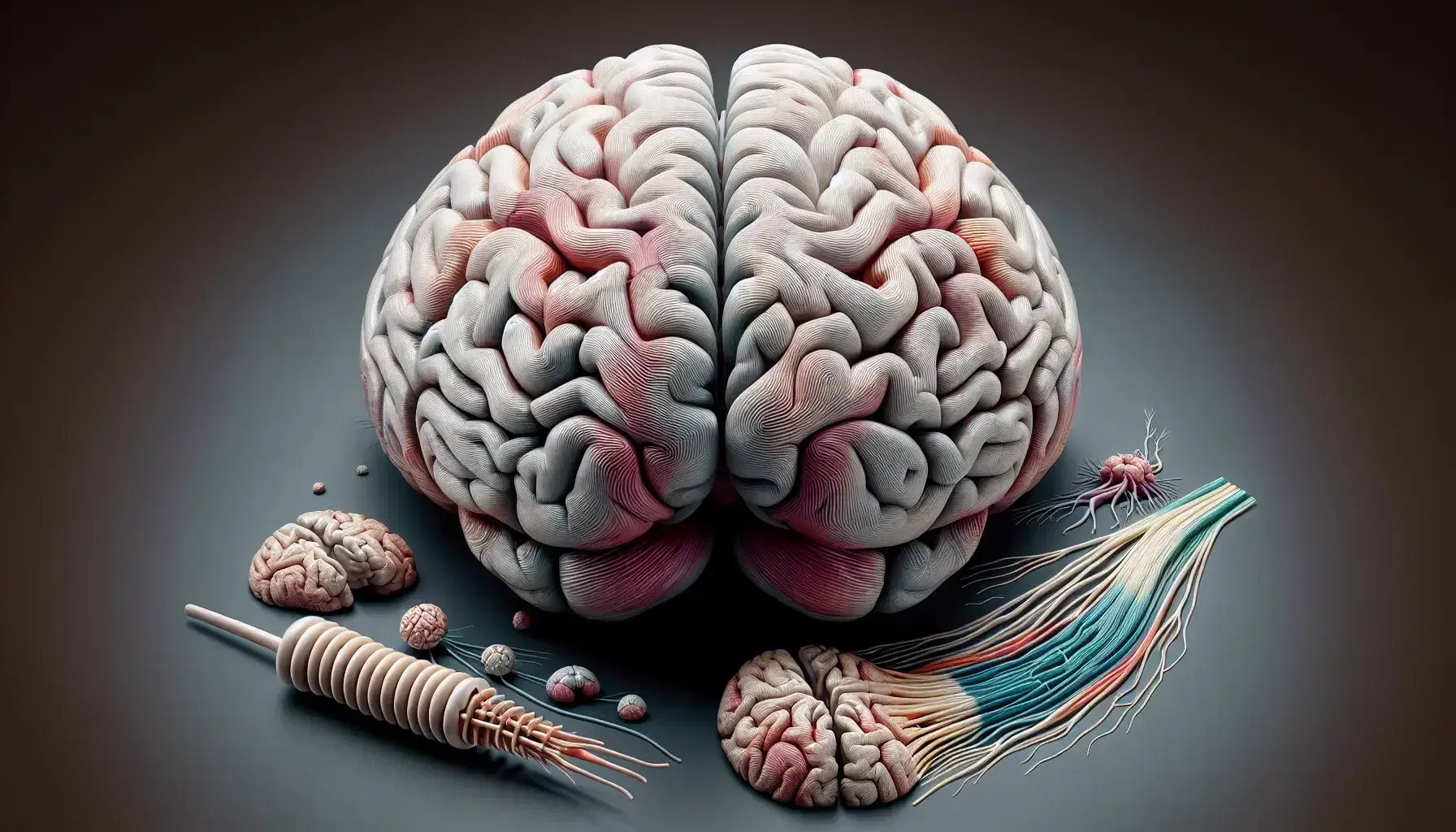 Vista superior de un cerebro humano realista con hemisferios, surcos y convoluciones, conectado a la médula espinal y nervios periféricos, junto a órganos internos y sistema nervioso autónomo.