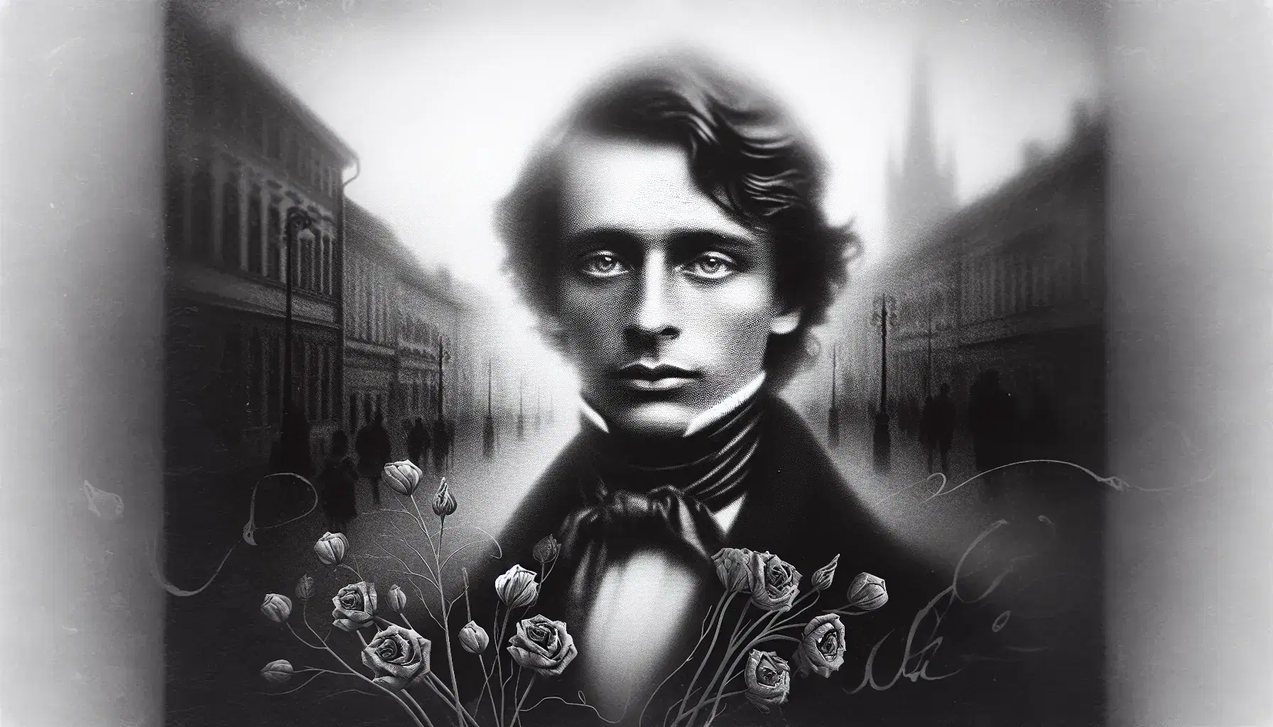 Ritratto in bianco e nero di poeta ottocentesco con capelli ondulati, occhi intensi e cravatta formale, sfondo sfocato di città storica, fiori appassiti in primo piano.