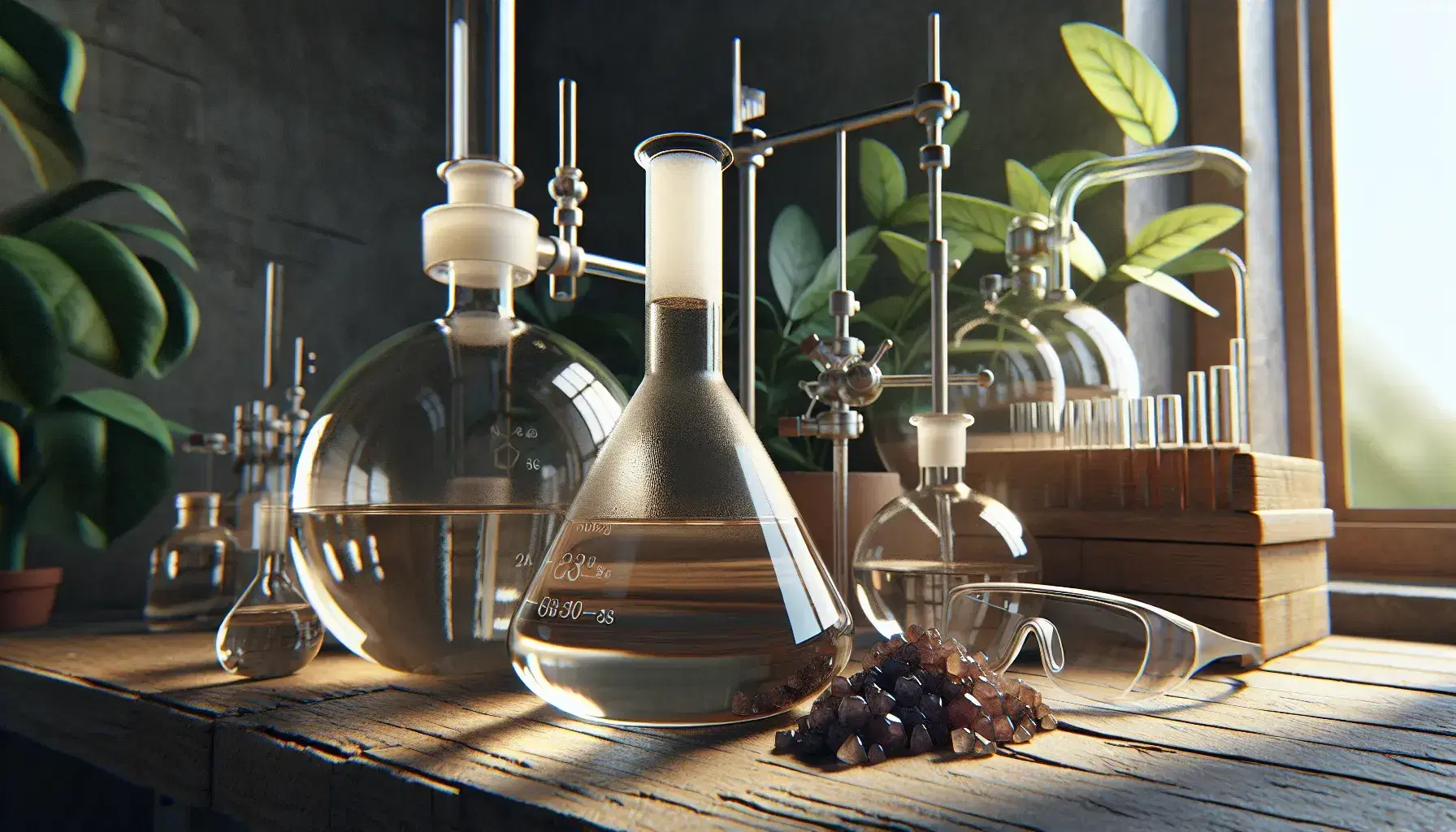 Glass flask with amber liquid on wooden laboratory bench, reddish crystals beside, distillation equipment and safety devices.