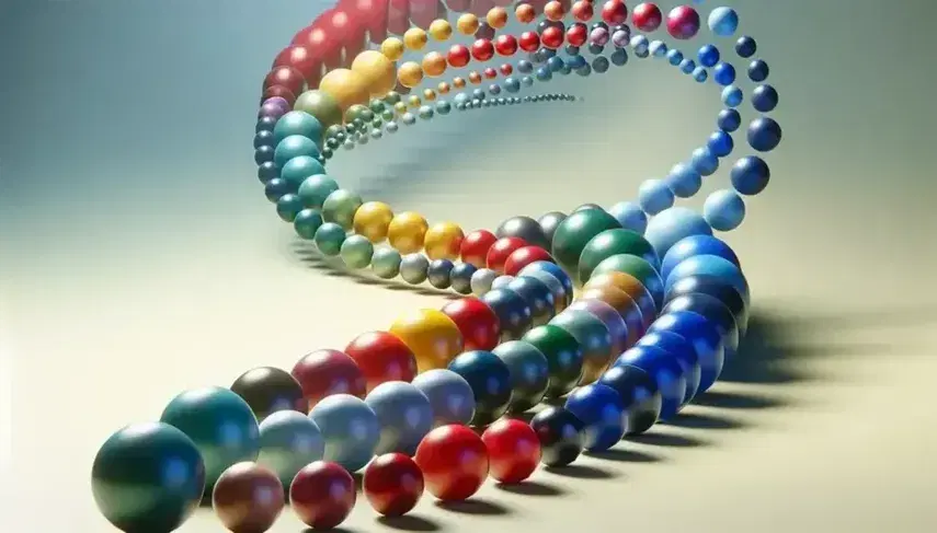 Sfere colorate sospese in gradazione dimensionale da grandi a piccole su sfondo neutro, creando un effetto visivo di curva.