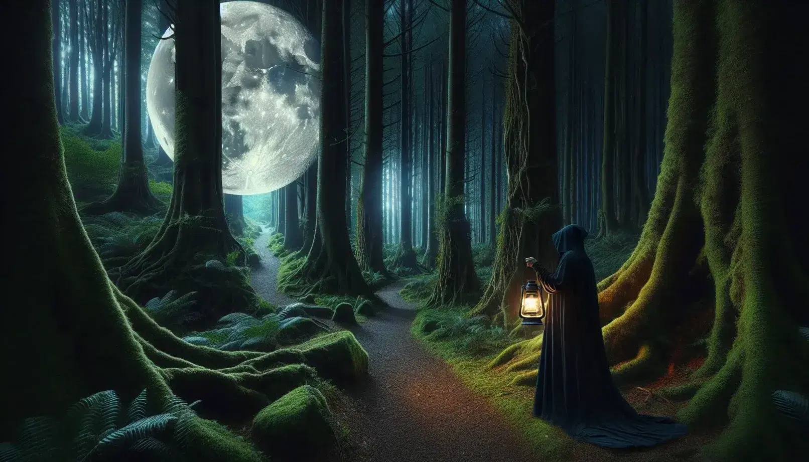 Sentiero notturno in foresta misteriosa con figura incappucciata che tiene lanterna, luna piena luminosa e gufo su ramo.
