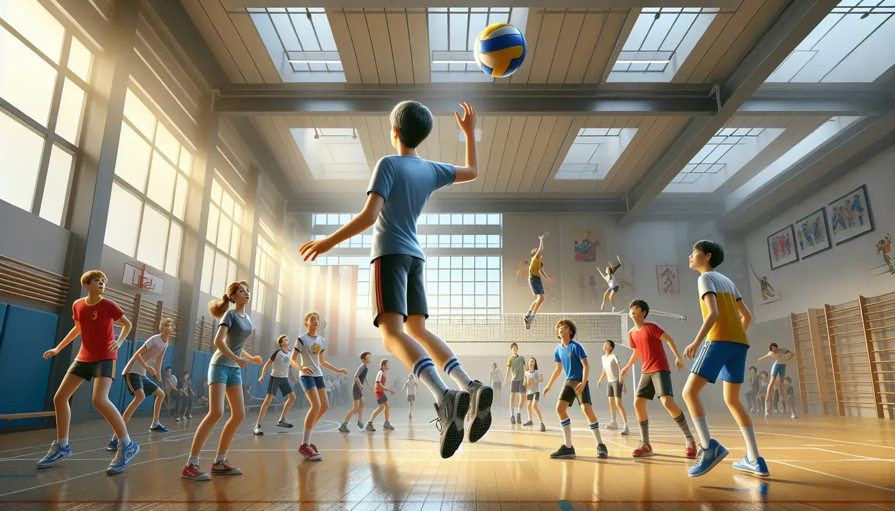 Ragazzo in maglietta blu salta per colpire pallavolo in palestra scolastica con compagni attorno e insegnante attento.