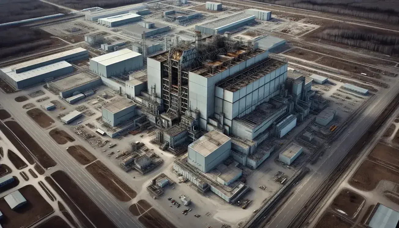 Vista aerea del reattore danneggiato di Chernobyl con il sarcofago di contenimento, edifici circostanti e vegetazione sparsa.