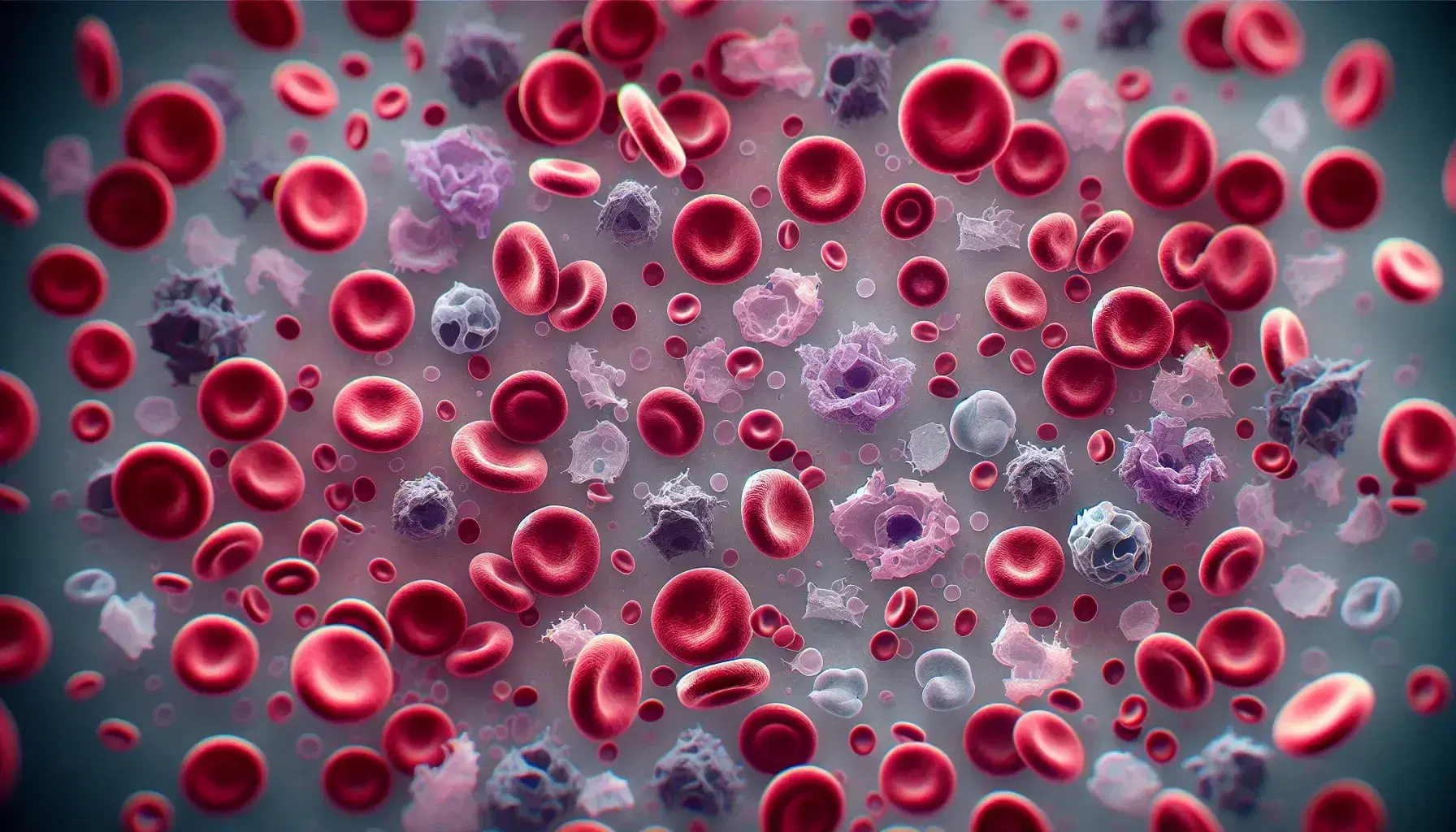 Vista microscópica de sangre humana con eritrocitos rojos en forma de disco, leucocitos con núcleo visible y plaquetas grises pequeñas dispersas.