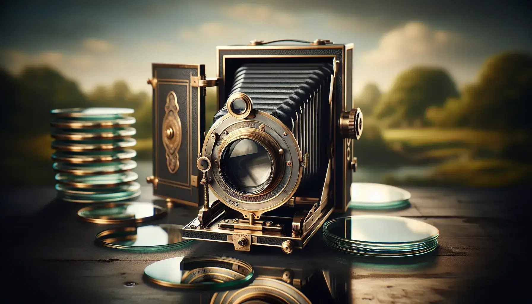 Macchina fotografica d'epoca dagherrotipo su superficie in legno scuro con lente circolare e manovella, accanto a lastre di vetro fotografiche.