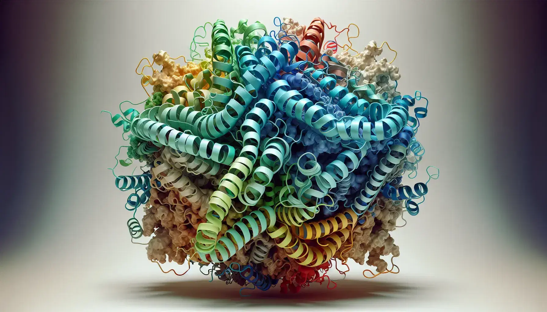 Three-dimensional model of protein tertiary structure with colored helices and folded sheets, on a white background to highlight the molecular complexity.