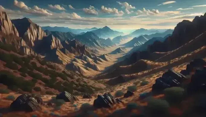 Paisaje montañoso con formaciones rocosas estratificadas, vegetación verde y cielo azul con nubes dispersas, sin presencia humana.