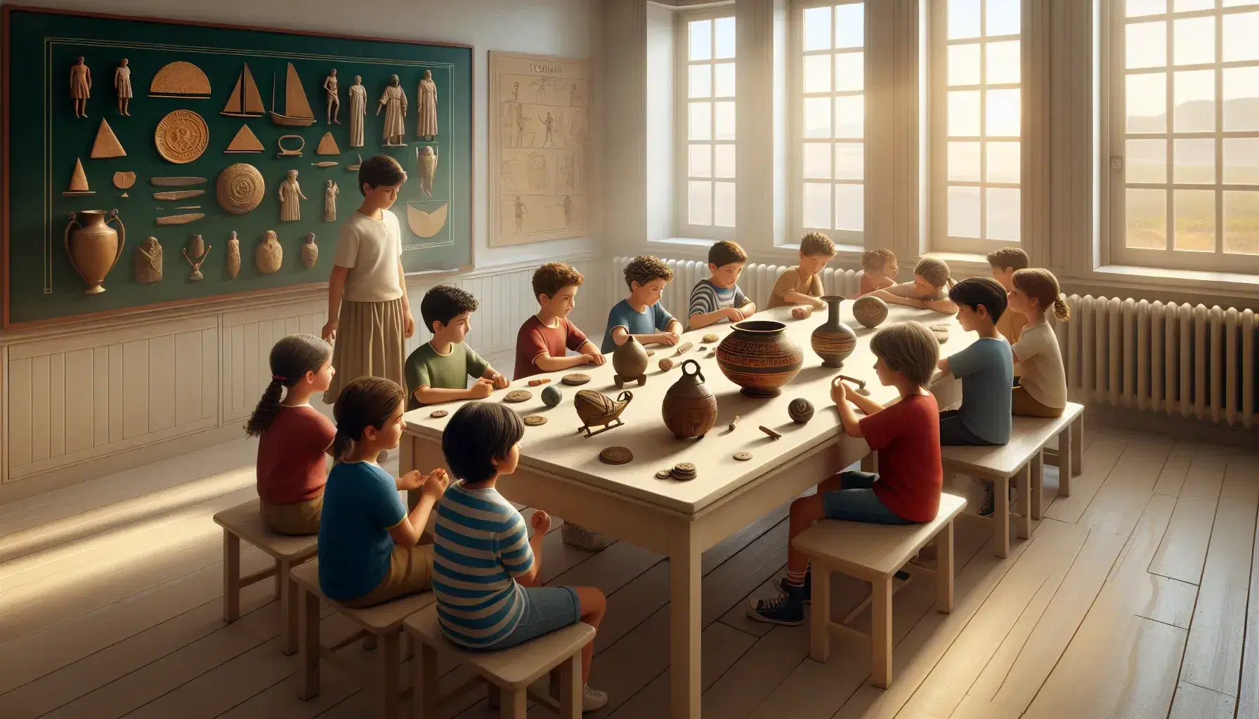 Bambini attenti osservano repliche di artefatti antichi in una luminosa aula scolastica con insegnante che spiega.