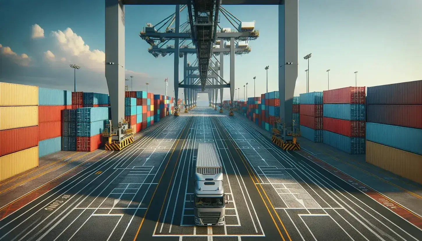 Contenedores de carga multicolores apilados en puerto comercial con grúa de puerto al fondo y camión de transporte en primer plano en día soleado.