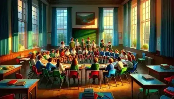 Studenti di scuola media seduti in cerchio su sedie colorate in aula luminosa con lavagna verde e finestre con tende azzurre.