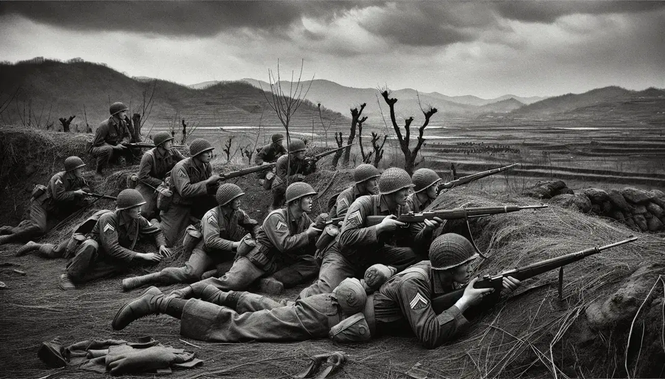 Korean War soldiers in combat gear aim rifles and survey rugged terrain under an overcast sky, capturing the tension of 1950s warfare.