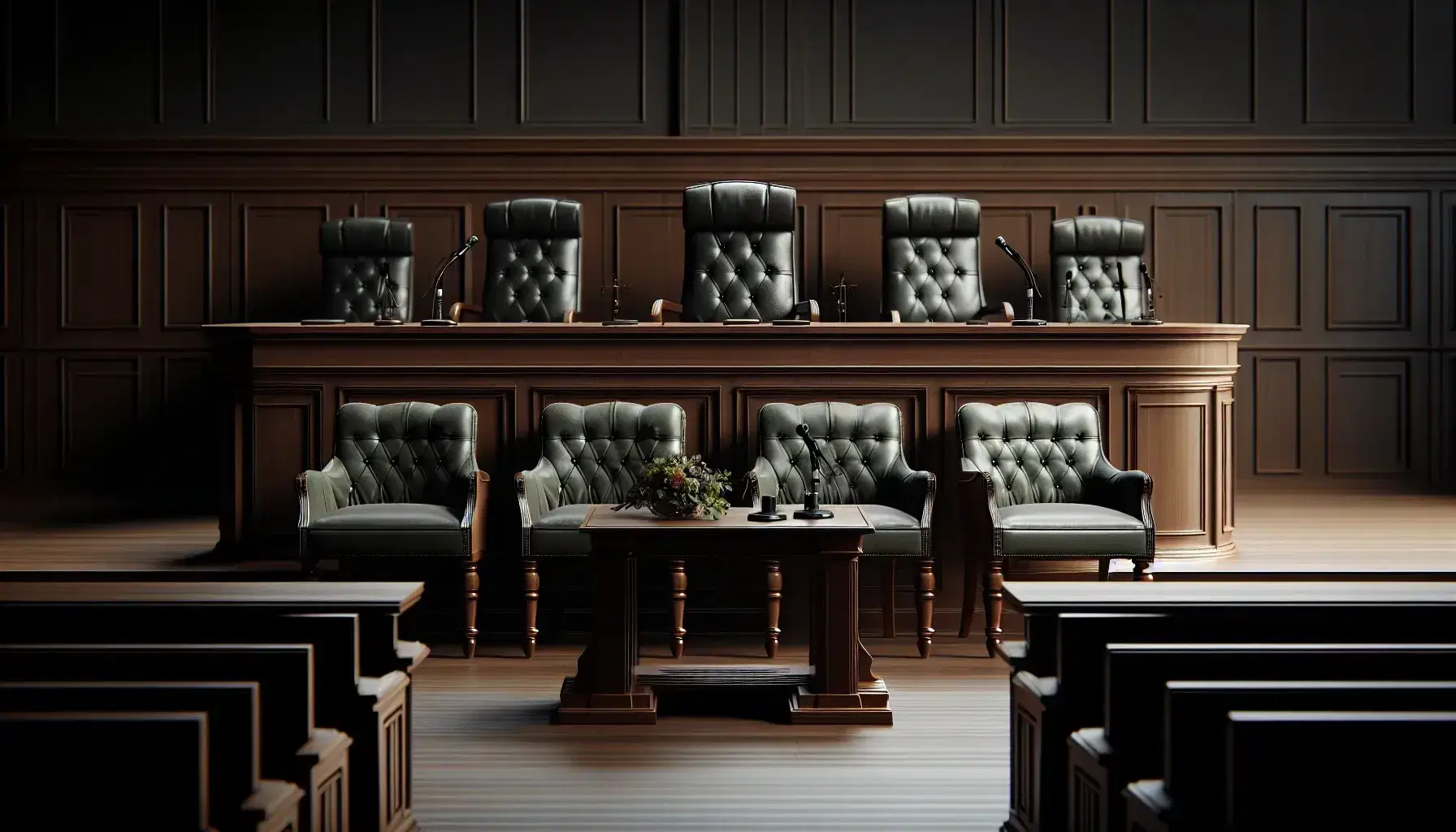 Aula di tribunale vuota con banco giudici in legno scuro, sedie in pelle verde, microfoni neri, fiori freschi, banchi avvocati e sedute spettatori.
