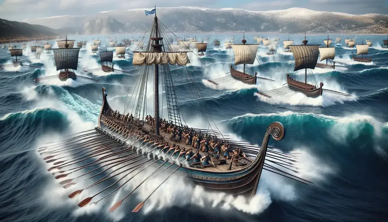 Ricostruzione artistica di una battaglia navale della Guerra del Peloponneso con triremi in azione, rematori tesi e spruzzi d'acqua.