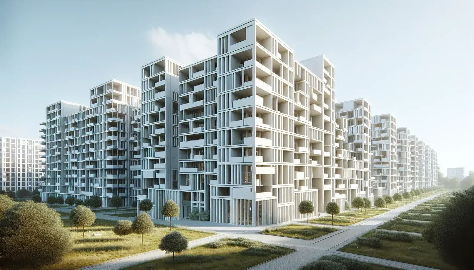 Vista de edificios de vivienda colectiva del Movimiento Moderno con fachadas blancas, balcones lineales y amplias ventanas, rodeados de zonas verdes y cielo despejado.