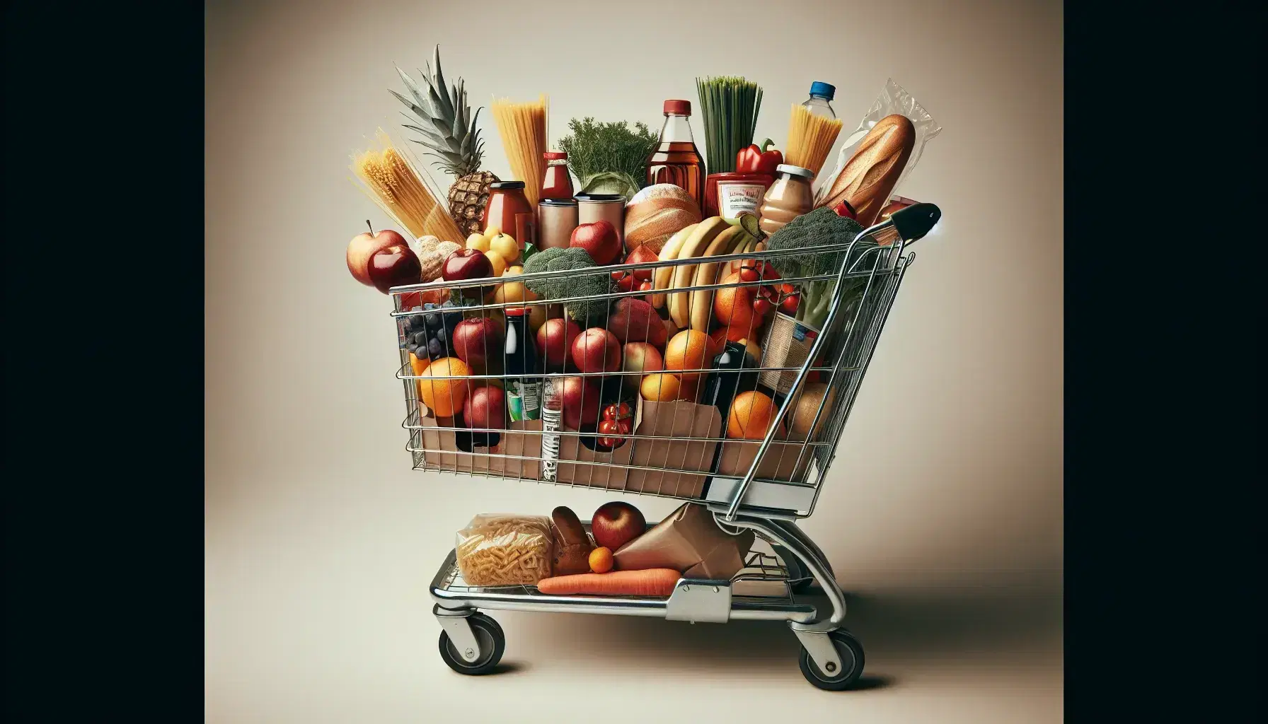 Carrello della spesa pieno di cibo fresco, frutta, verdura, pasta e pane su sfondo neutro, senza ombre marcate.