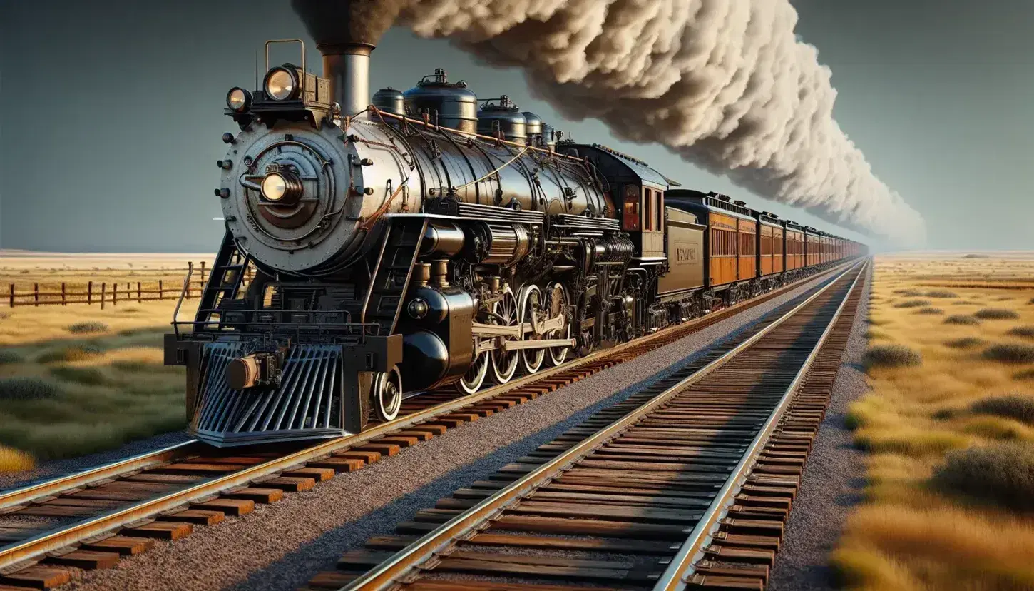 Vintage steam locomotive with brass fittings and red-spoked wheels pulls wooden railroad cars across a golden prairie under a clear blue sky.